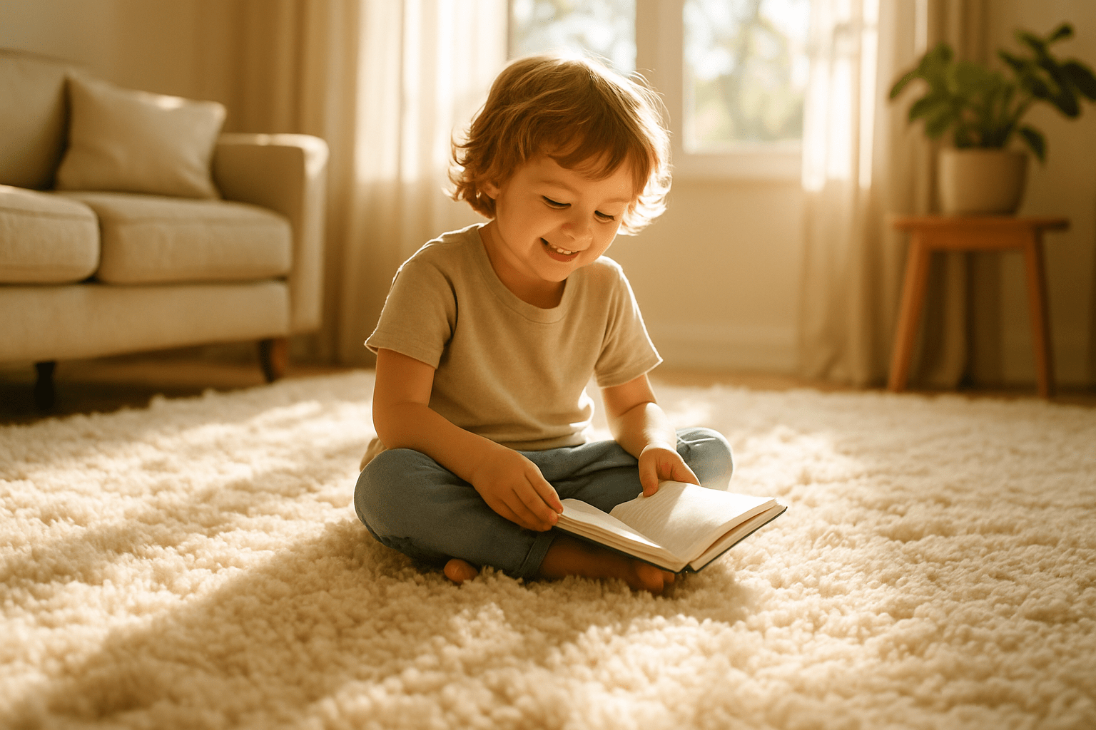 donne moi une image de tapis confortable doux et moelleux dans un lieux éclairé avec enfant installé dessus