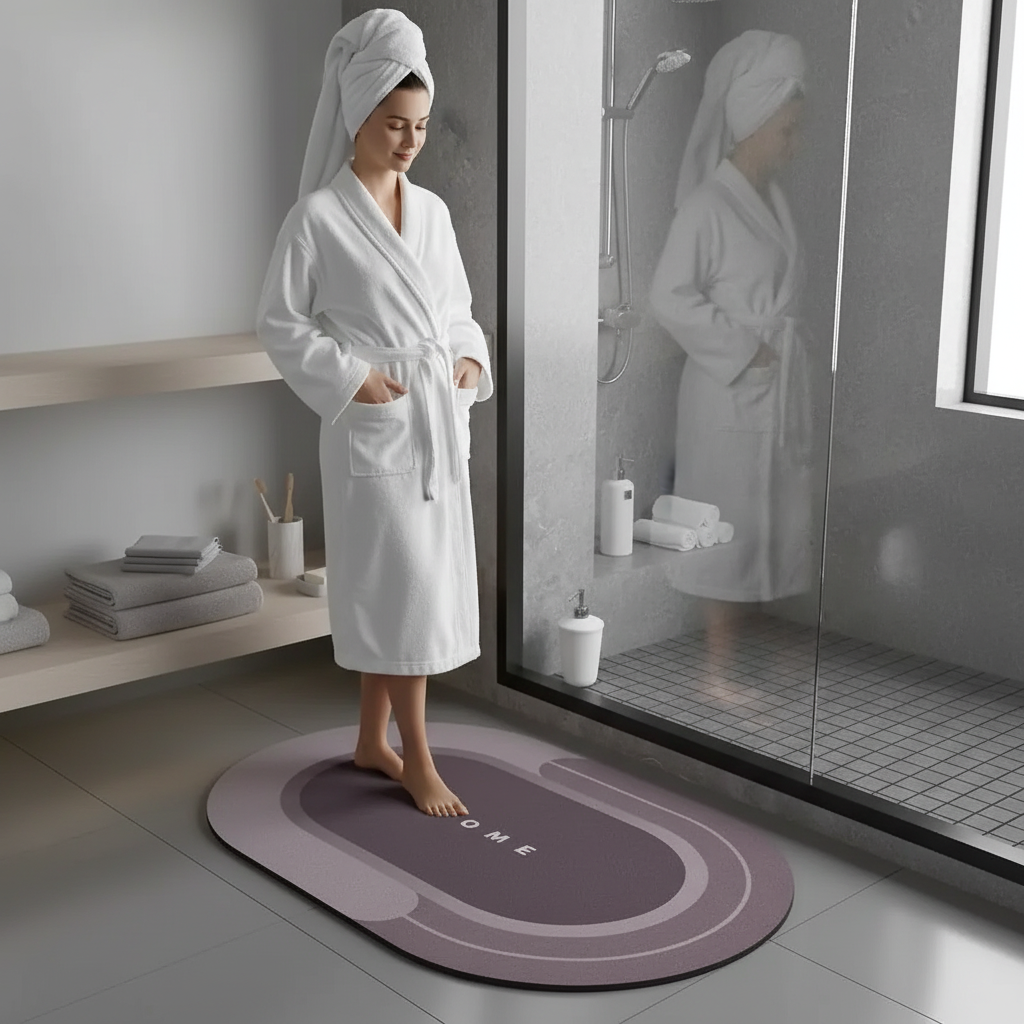 Femme peignoir tapis ovale rose