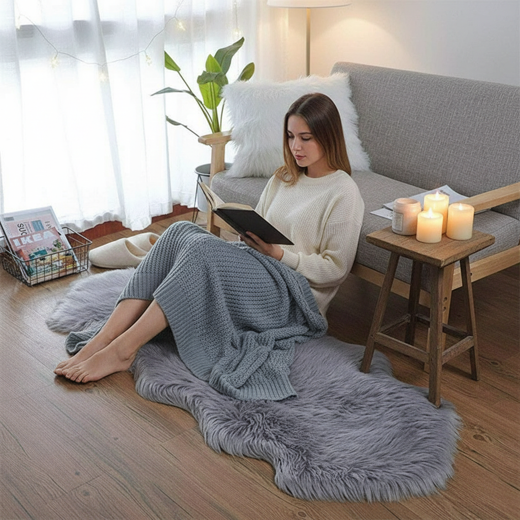 Femme assise pieds nus sur un tapis fausse fourrure gris avec un livre et des bougies