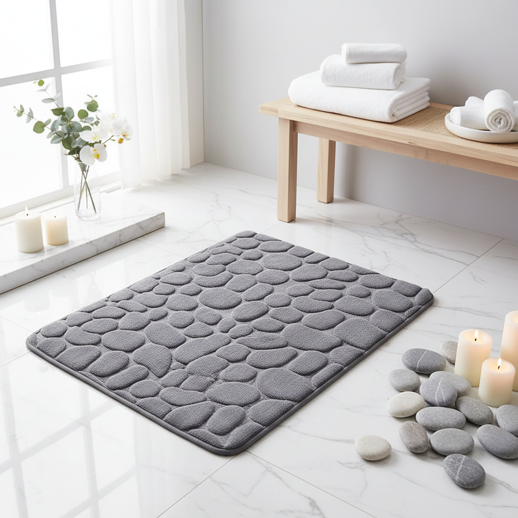 Tapis de bain gris dans une ambiance spa lumineuse avec marbre blanc et orchidées