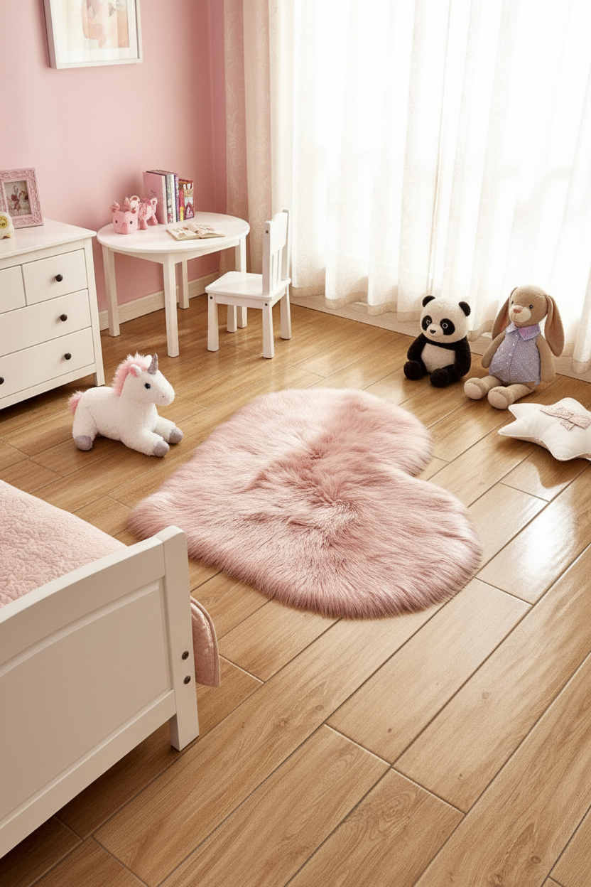 Tapis Shaggy en forme de cœur rose - Chambre d'enfant