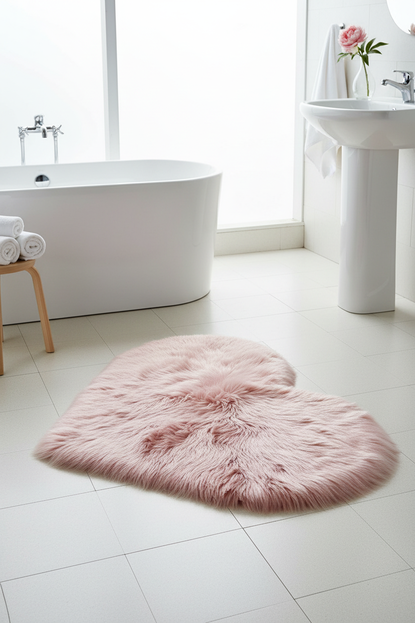 Tapis Shaggy en forme de cœur rose - Salle de bain spa