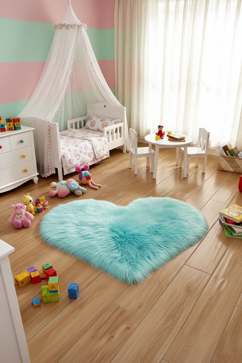 Tapis Shaggy en forme de cœur turquoise - Chambre d'enfant