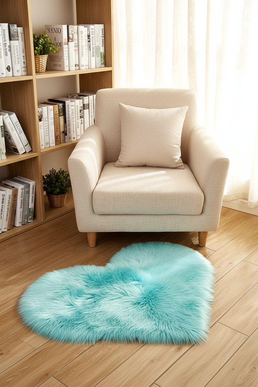 Tapis Shaggy en forme de cœur turquoise - Coin lecture