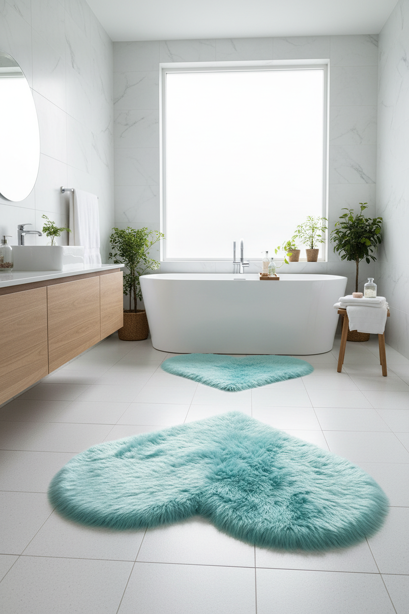 Tapis Shaggy en forme de cœur turquoise - Salle de bain spa