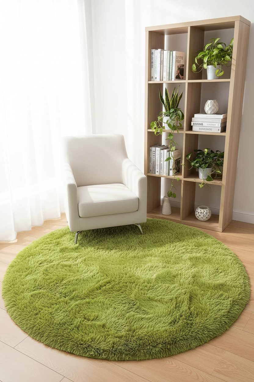 Tapis Shaggy rond vert pomme - Coin lecture