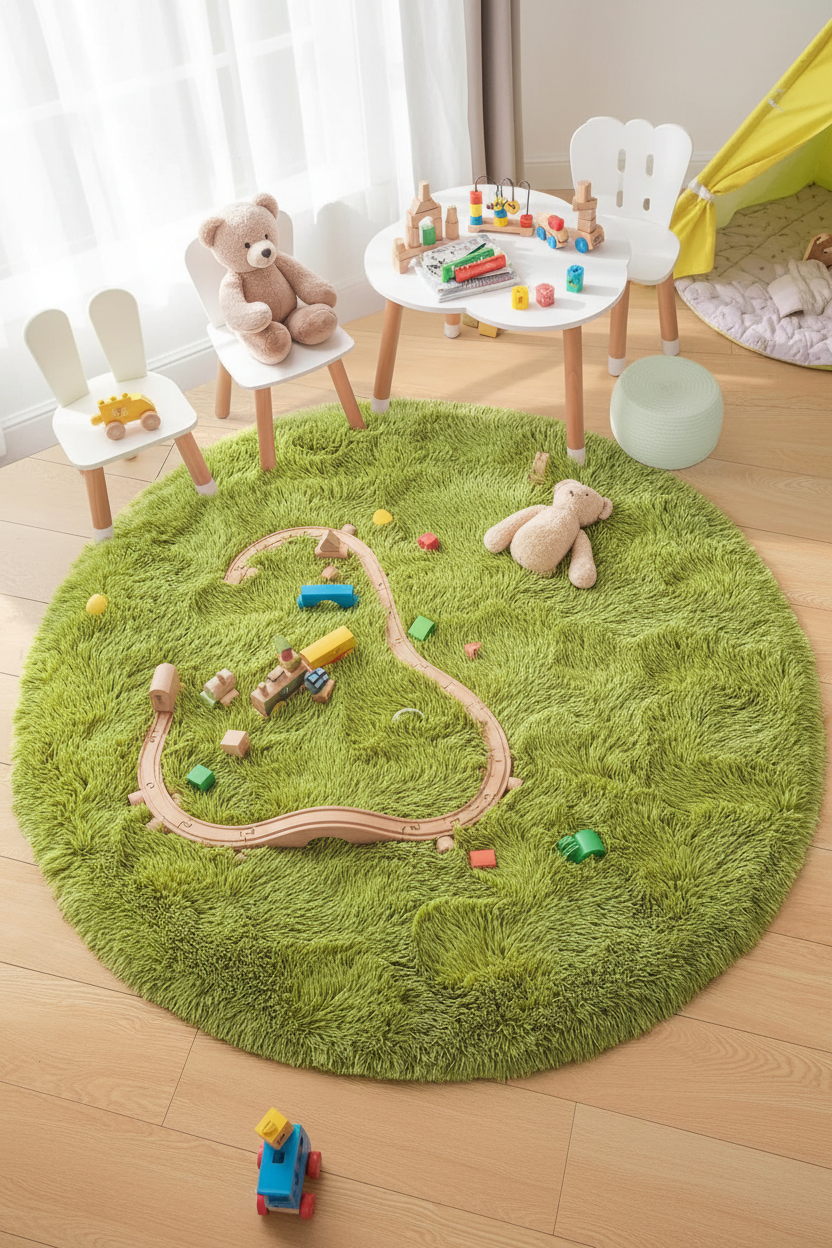 Tapis Shaggy rond vert pomme - Salle de jeux