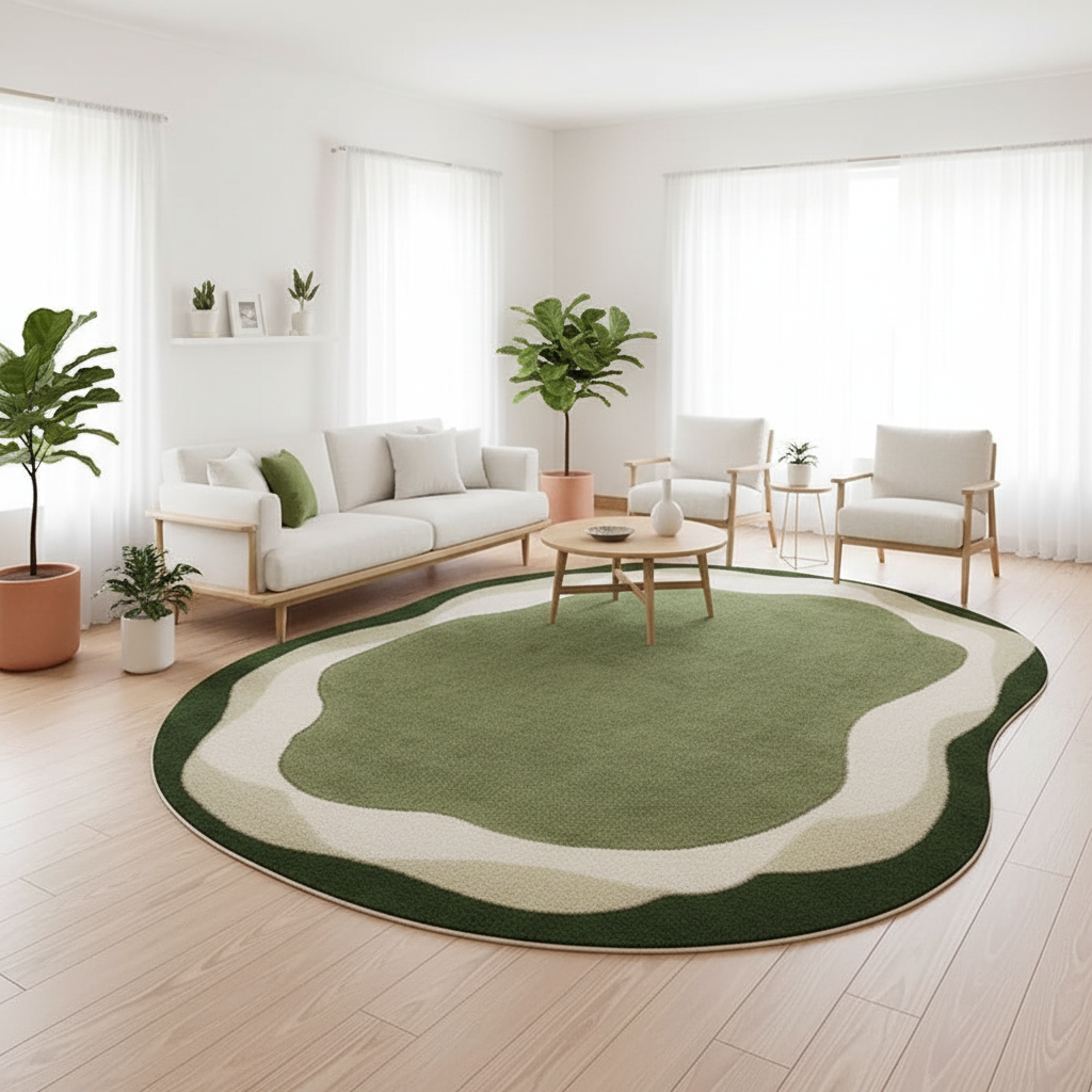 Tapis irrégulier vert et crème dans salon scandinave lumineux