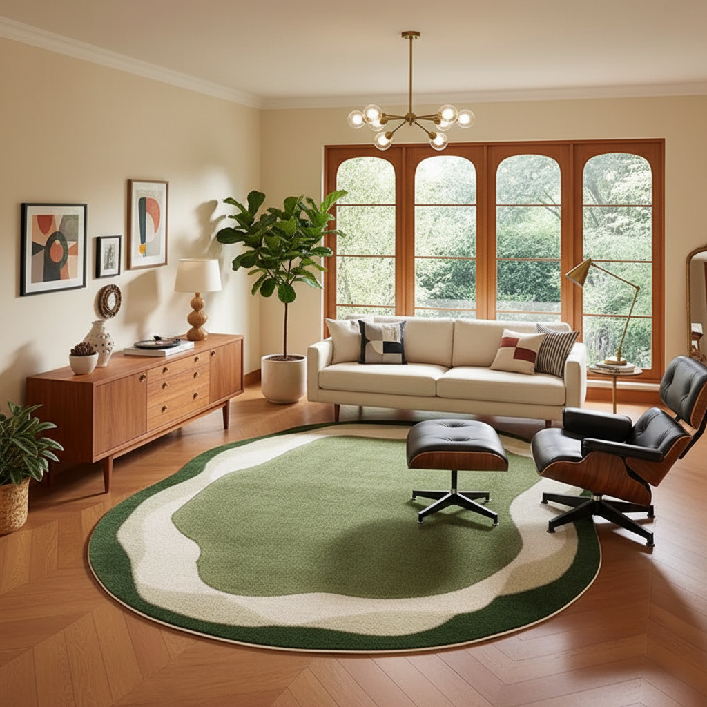 Tapis moderne vert et crème style mid-century