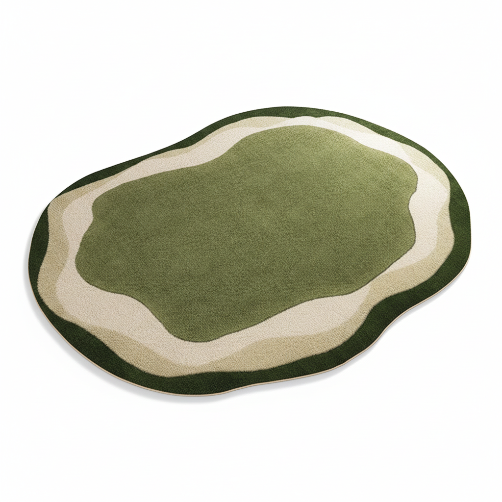 Vue artistique tapis irrégulier velours vert et crème