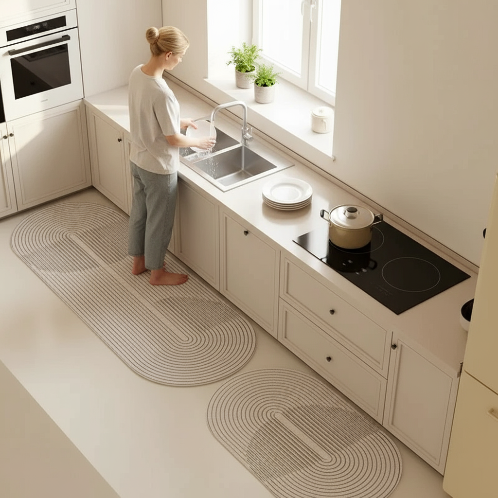 Double Tapis de Cuisine Antidérapant Beige Ovale