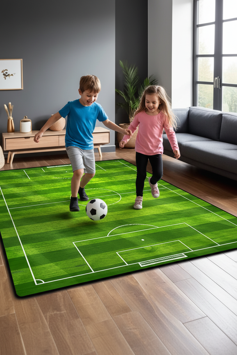 Enfants jouant au foot sur tapis