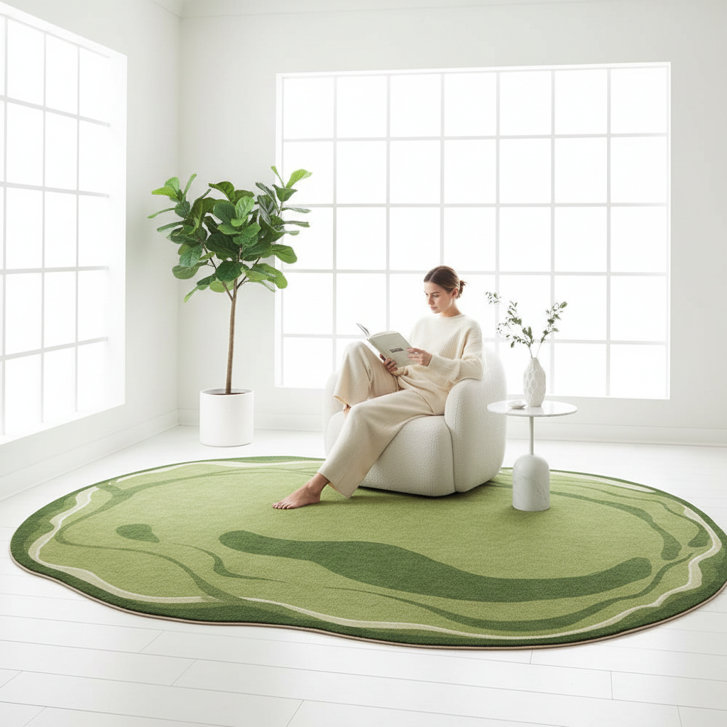 Femme lisant dans décor blanc pieds sur tapis
