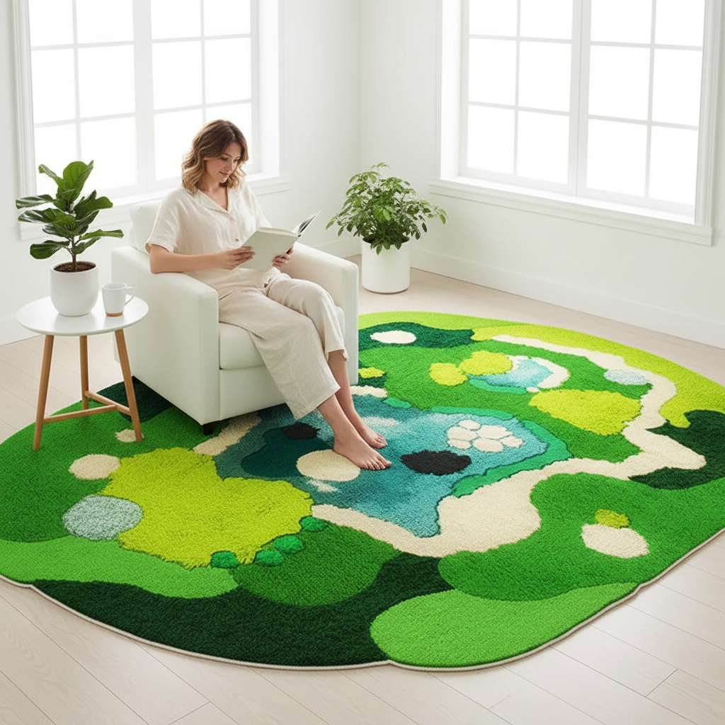 Femme lisant salon blanc moderne lumineux tapis coloré