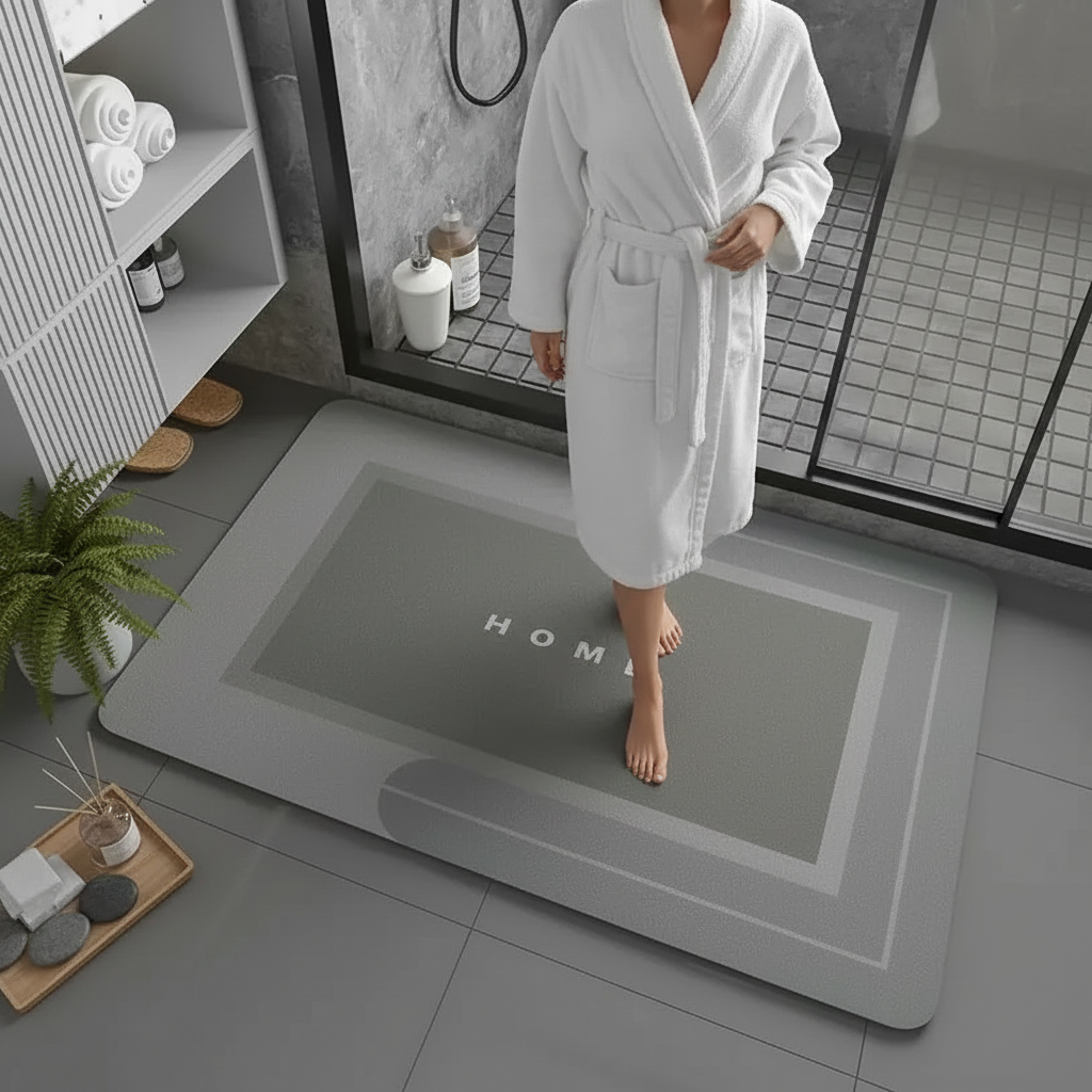 Femme peignoir tapis gris clair