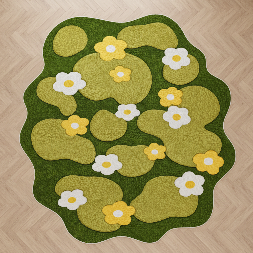 Flat lay tapis vert fleurs seul
