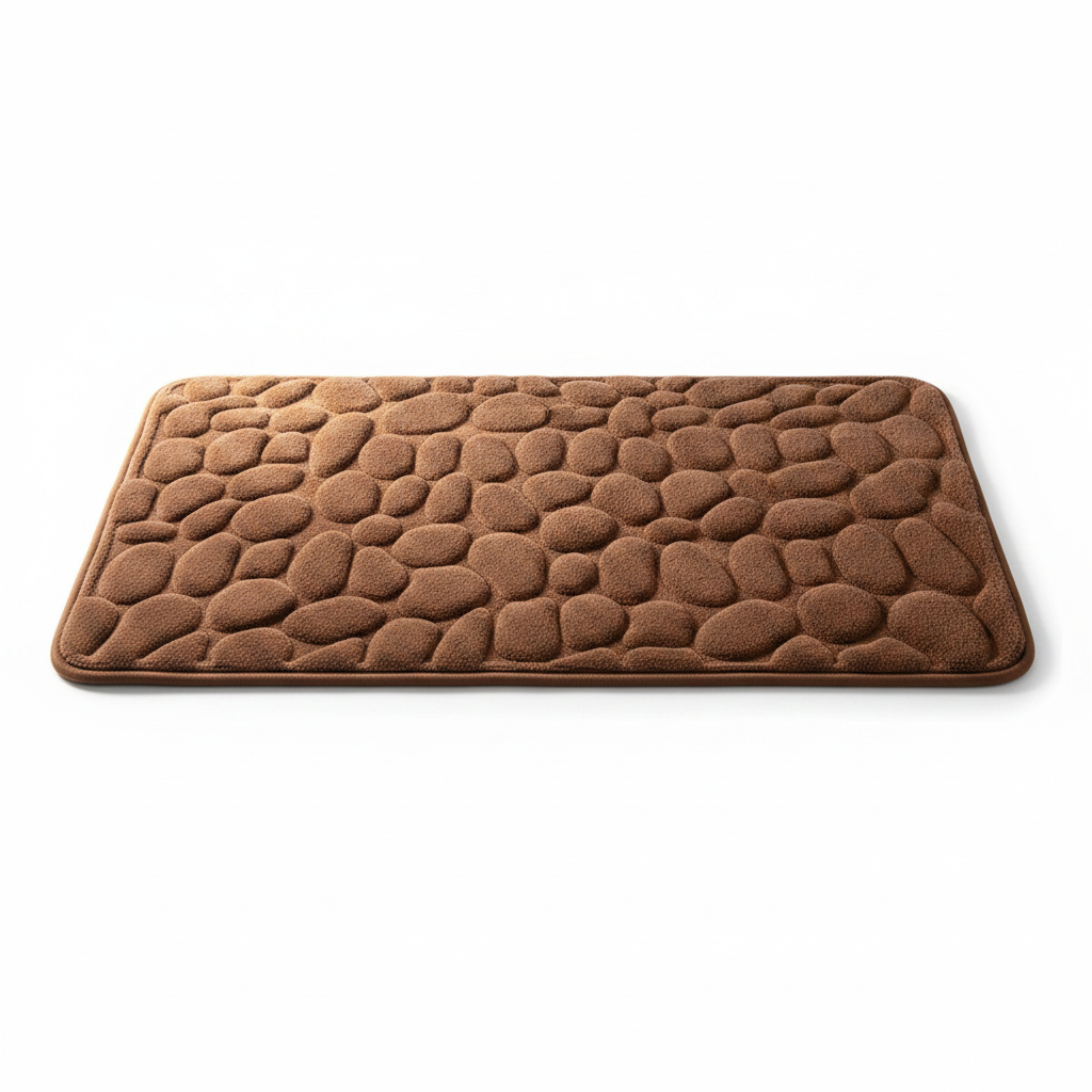 Tapis de bain marron galets sur fond blanc avec ombre douce