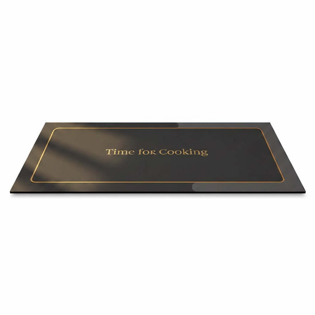 Tapis de cuisine noir bordure dorée Time for Cooking sur fond blanc avec ombre douce