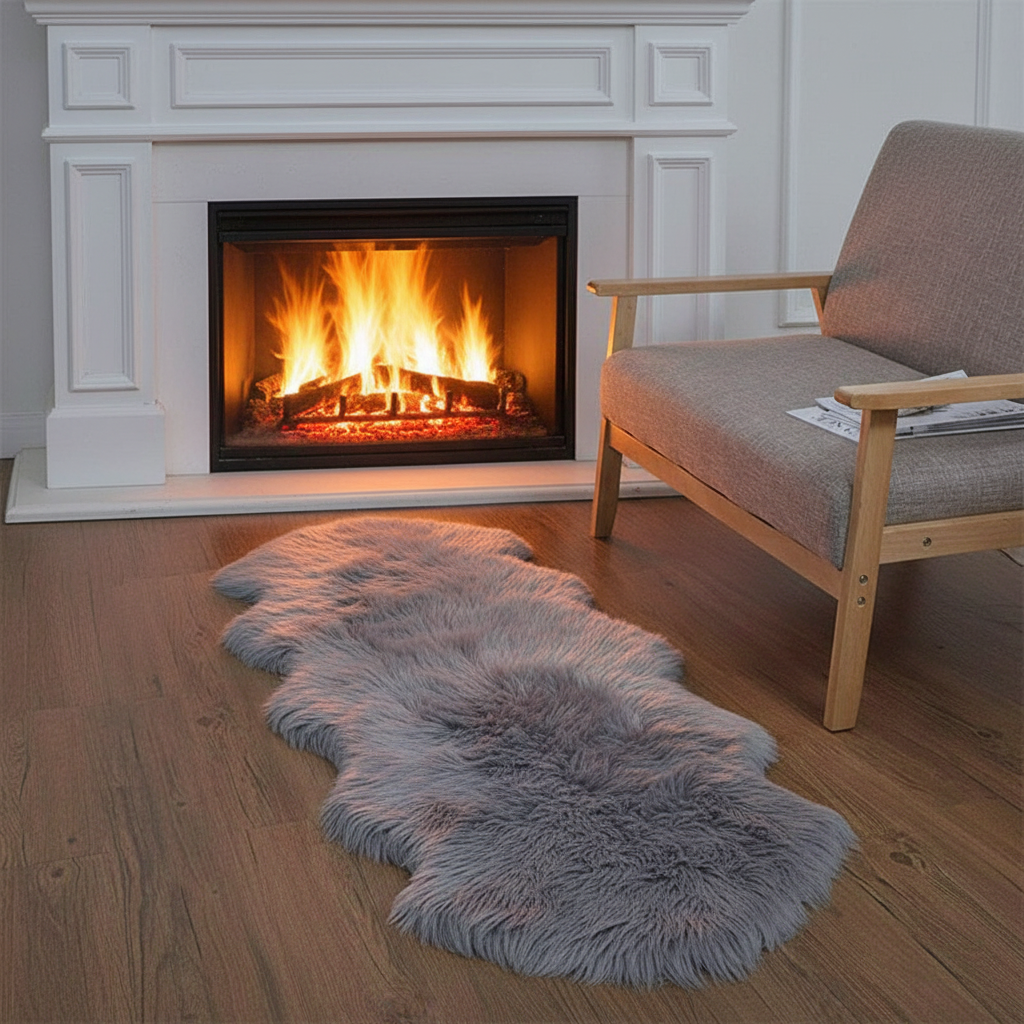 Tapis fausse fourrure gris devant une cheminée allumée dans un salon cosy
