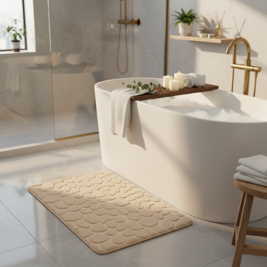 Tapis de bain beige mis en valeur dans un décor spa avec bougies et eucalyptus