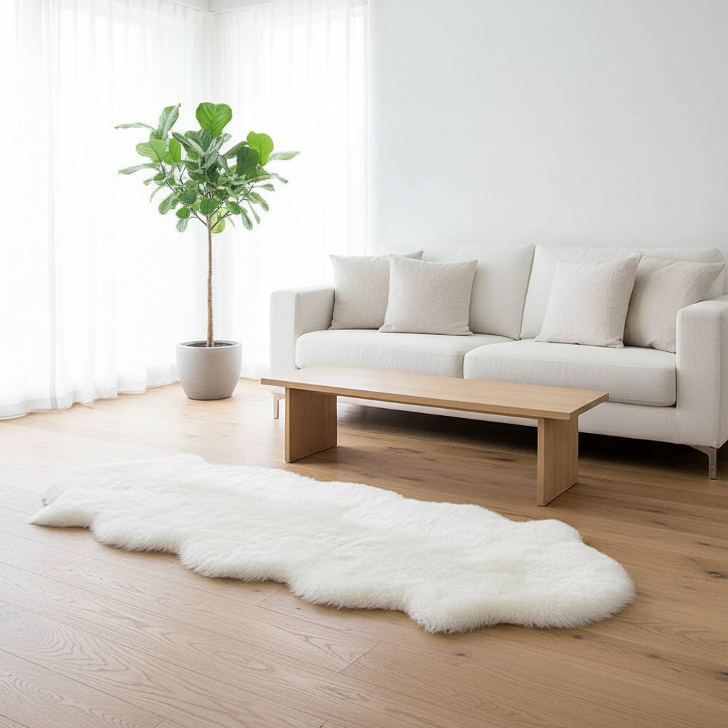 Tapis fausse fourrure blanc dans un salon scandinave avec canapé blanc et parquet chêne