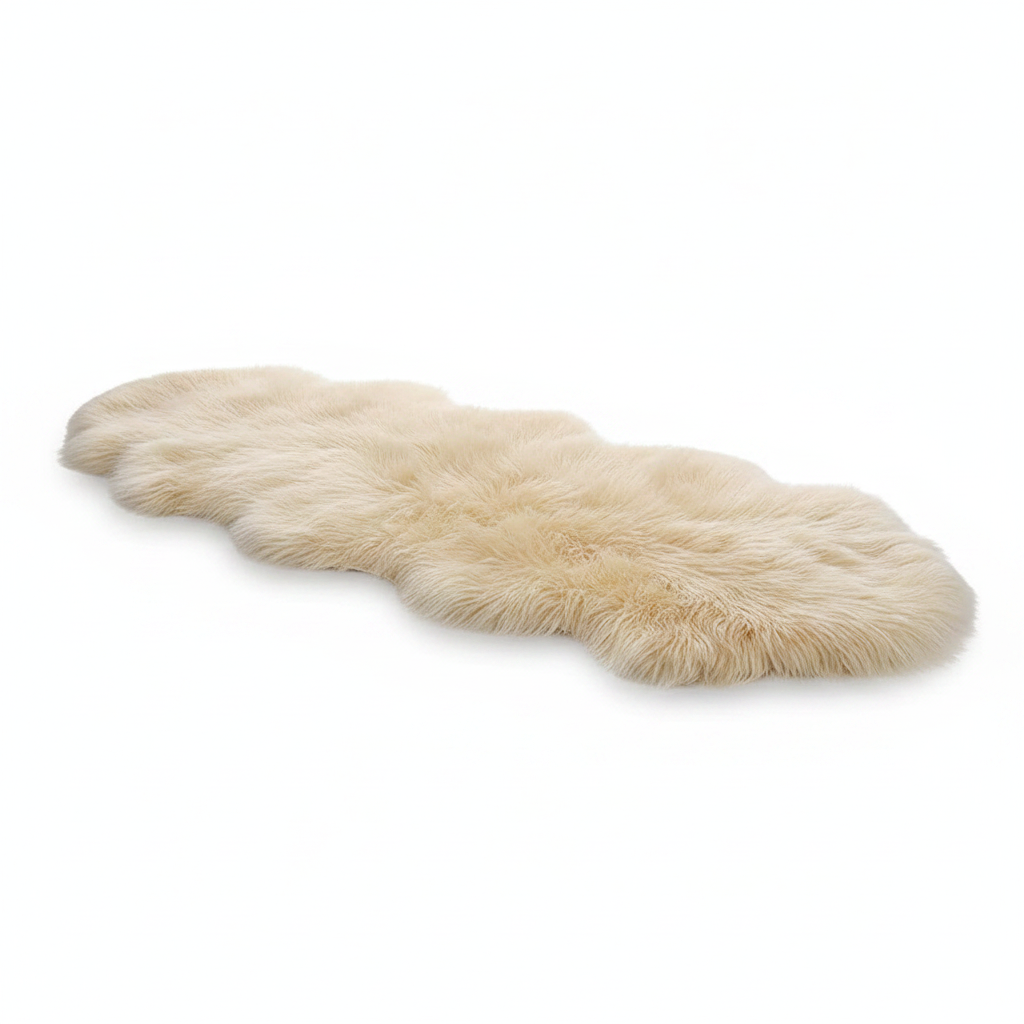 Tapis fausse fourrure beige crème sur fond blanc avec ombre douce