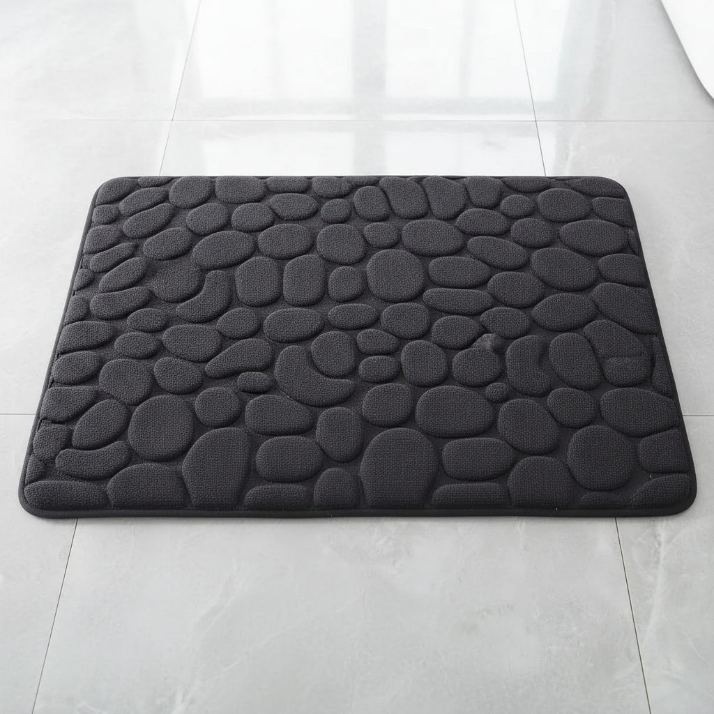 Vue de dessus du tapis de bain noir à motif galets sur carrelage gris