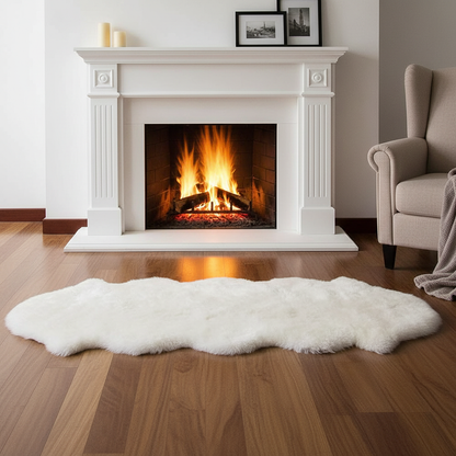 Tapis fausse fourrure blanc devant une cheminée allumée dans un salon cosy et chaleureux
