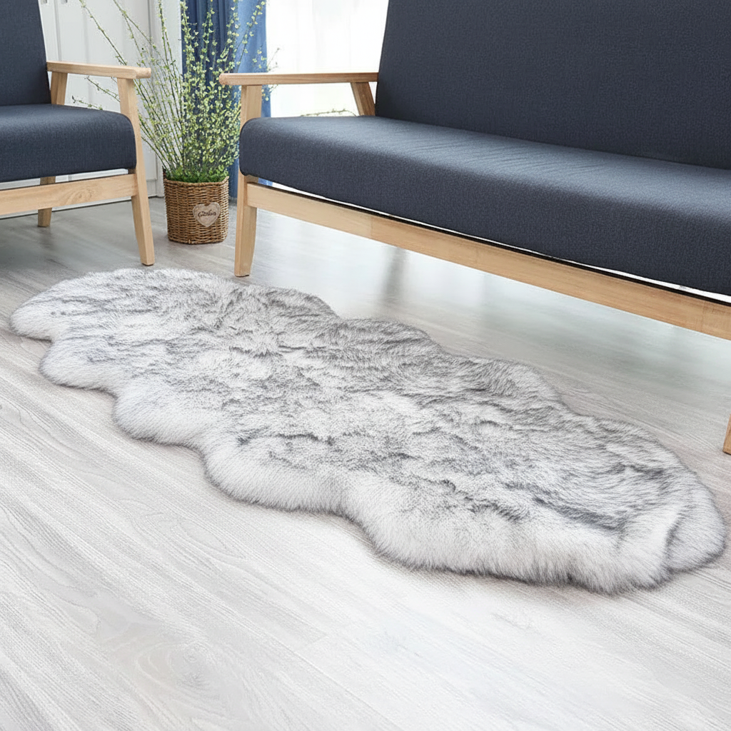 Tapis fausse fourrure blanc gris dans un salon moderne avec canapé bleu marine et plante