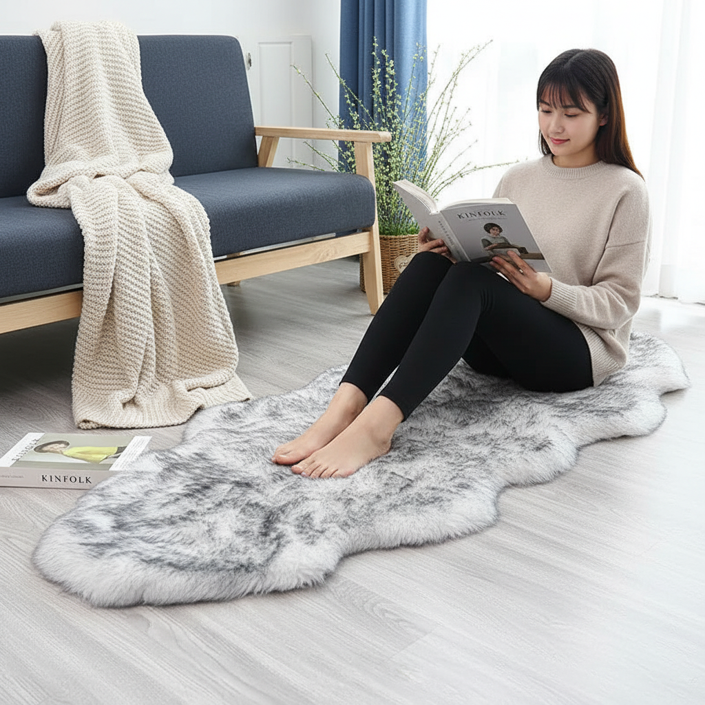 Femme assise pieds nus sur un tapis fausse fourrure blanc gris marbré avec un livre