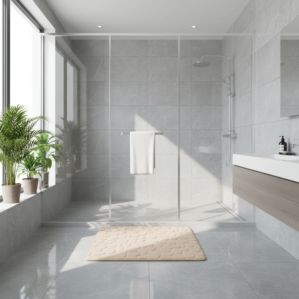 Tapis de bain beige galets dans une salle de bain moderne avec douche et plantes