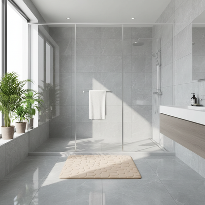 Tapis de bain beige galets dans une salle de bain moderne avec douche et plantes