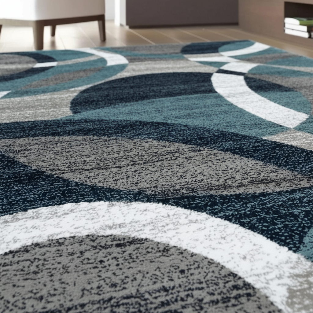 Tapis géométrique nordique cercle Bleu Blanc Gris - survol