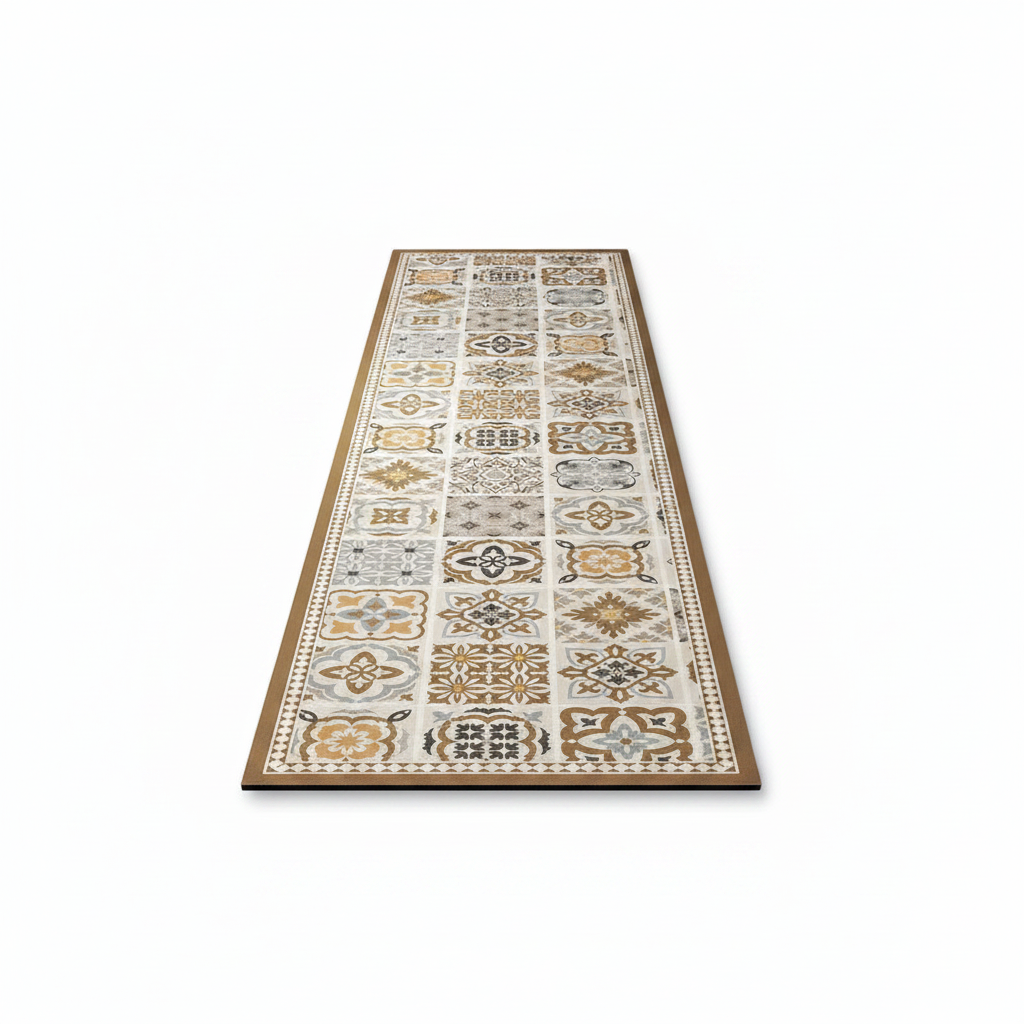 Tapis de cuisine motif carreaux méditerranéen sur fond blanc avec ombre douce