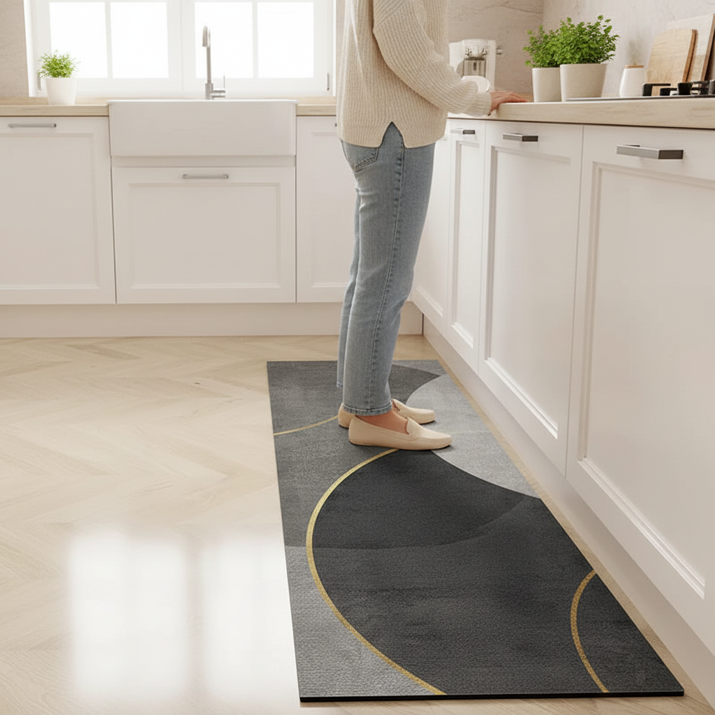 Femme dans sa cuisine moderne sur un tapis géométrique gris et doré