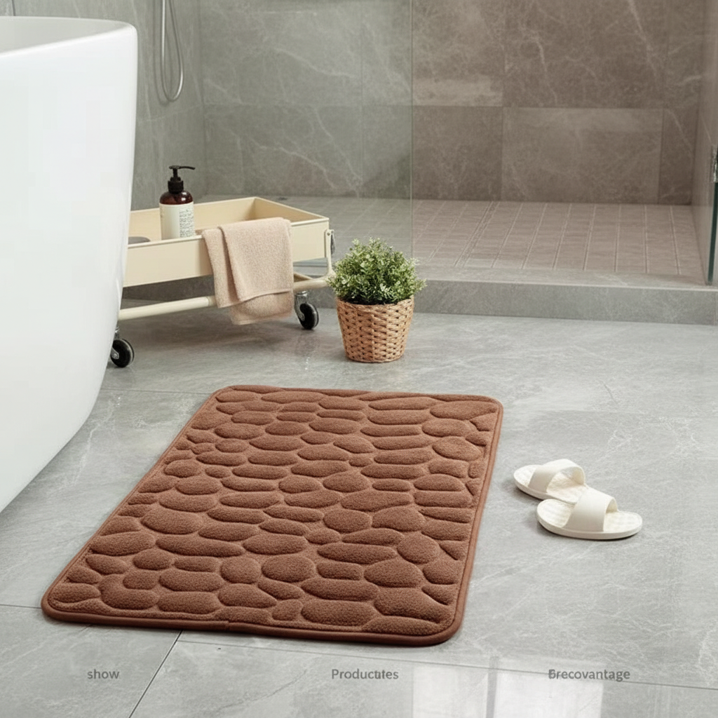 Tapis de bain marron galets dans une salle de bain moderne avec douche et plantes