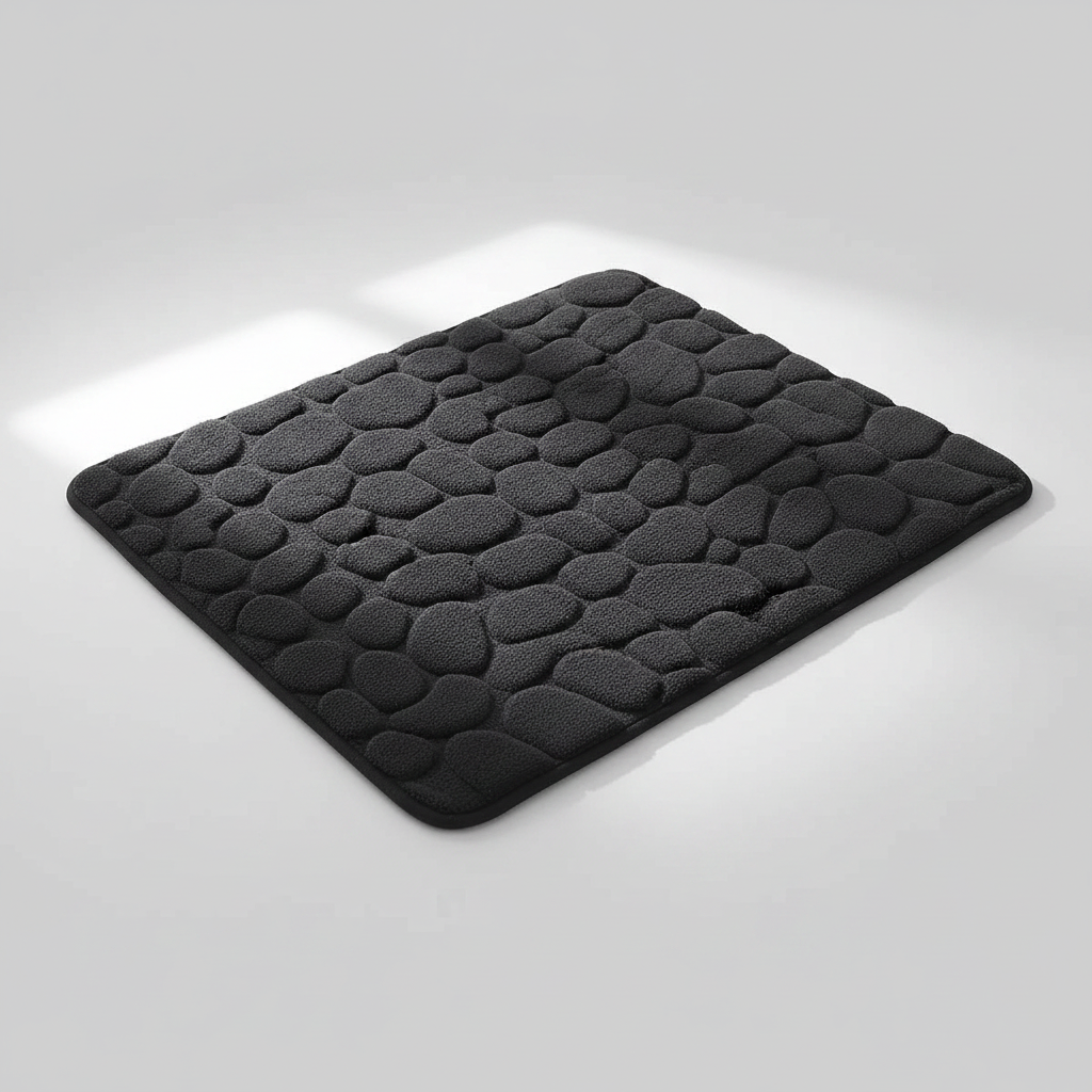 Tapis de bain noir galets sur fond gris clair avec ombre élégante