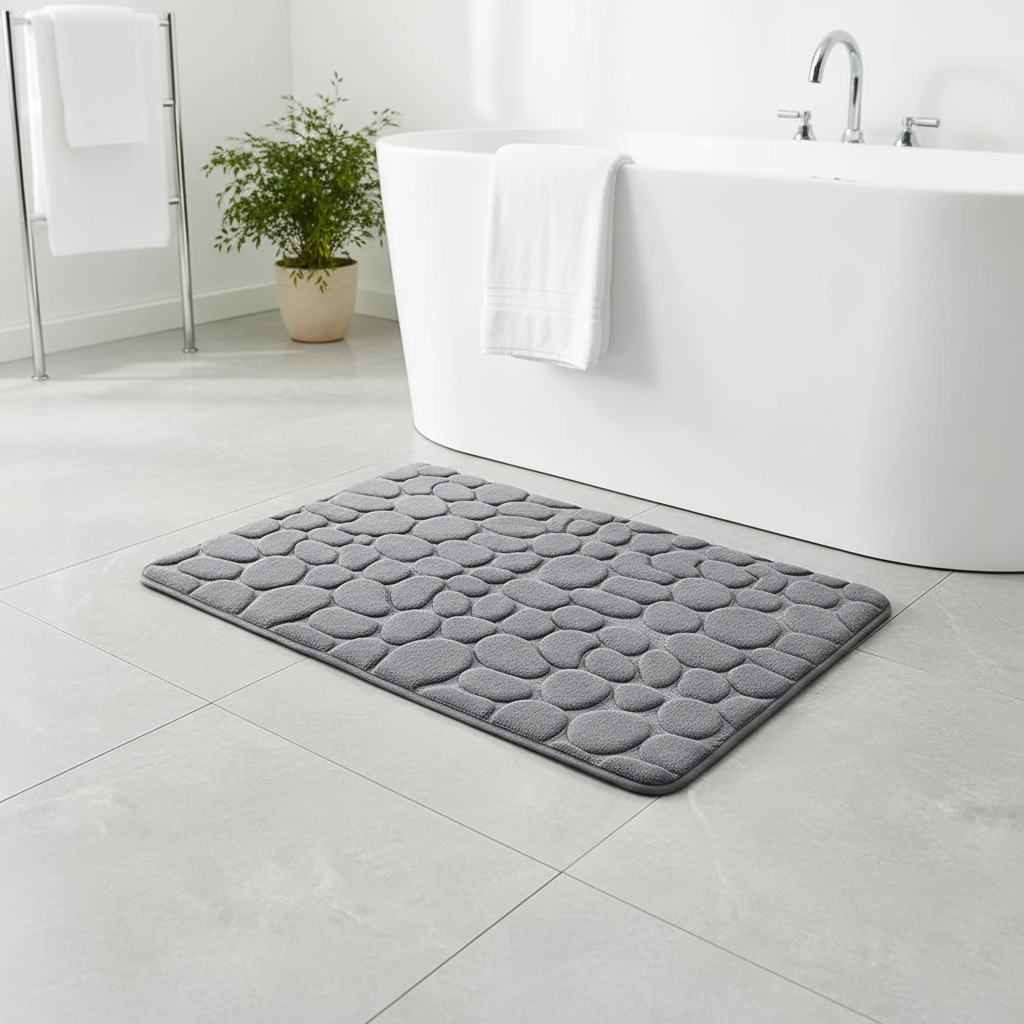 Tapis de bain gris galets dans une salle de bain moderne avec baignoire et plantes
