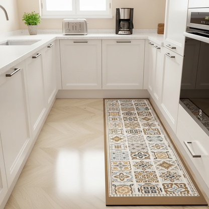 Tapis motif carreaux méditerranéen dans une cuisine moderne réaliste avec lumière naturelle