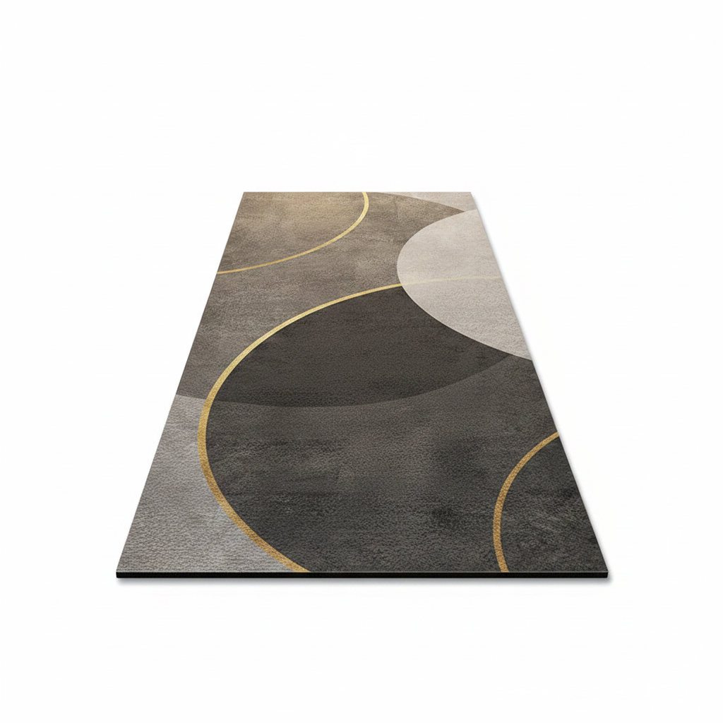 Tapis de cuisine géométrique gris et doré sur fond blanc avec ombre douce