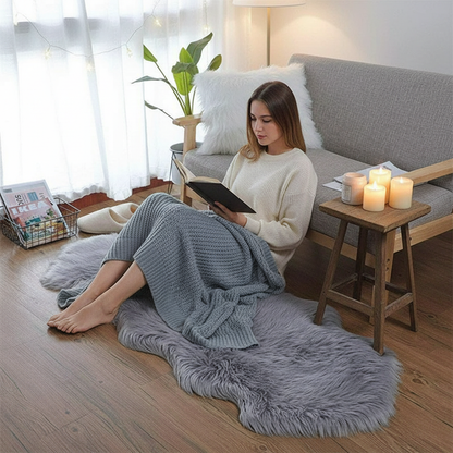 Femme assise pieds nus sur un tapis fausse fourrure gris avec un livre et des bougies