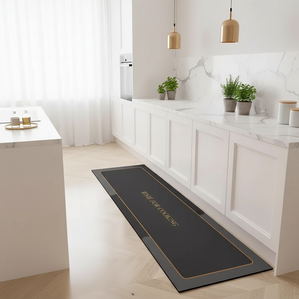 Tapis noir bordure dorée dans une cuisine moderne avec parquet chêne et plan de travail marbre