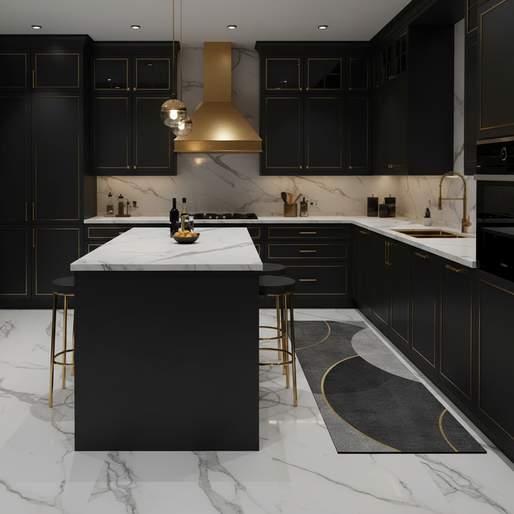 Tapis géométrique gris et doré dans une cuisine luxe noire et dorée avec marbre