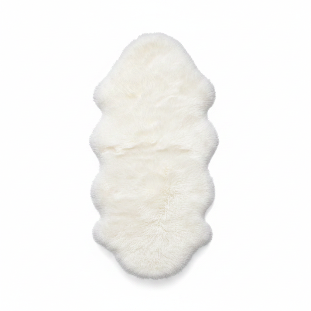 Tapis fausse fourrure blanc sur fond blanc avec ombre douce