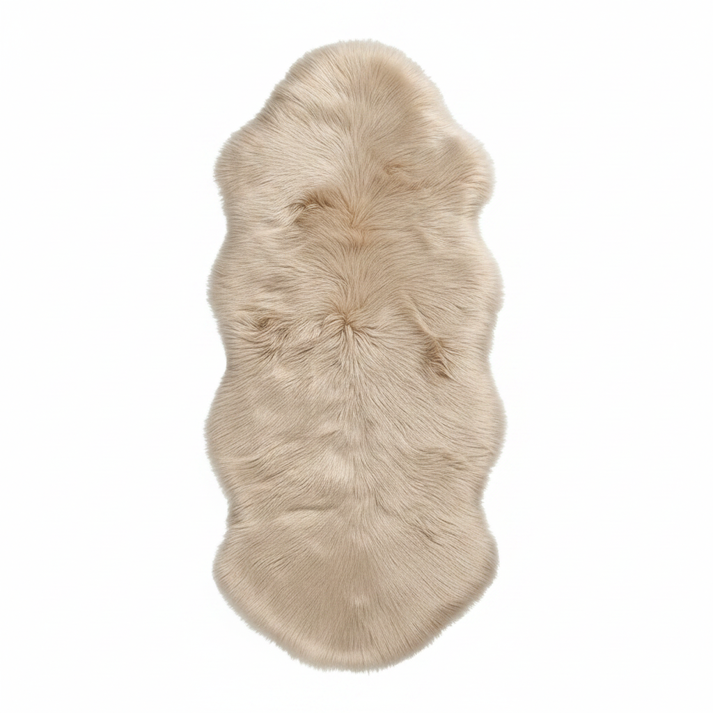 Tapis fausse fourrure beige crème sur fond blanc avec ombre douce