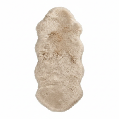 Tapis fausse fourrure beige crème sur fond blanc avec ombre douce