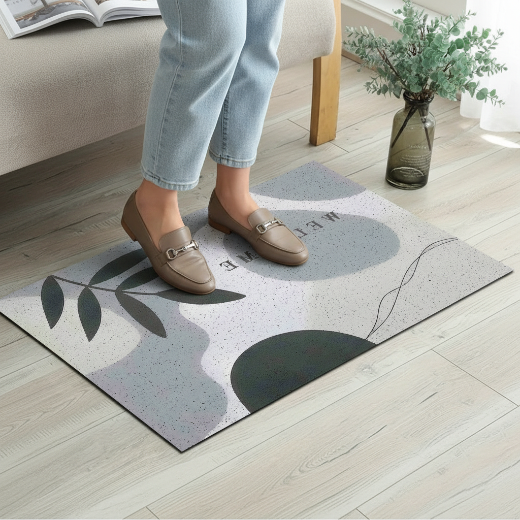 Tapis gris motif feuilles - Lifestyle avec femme stylée