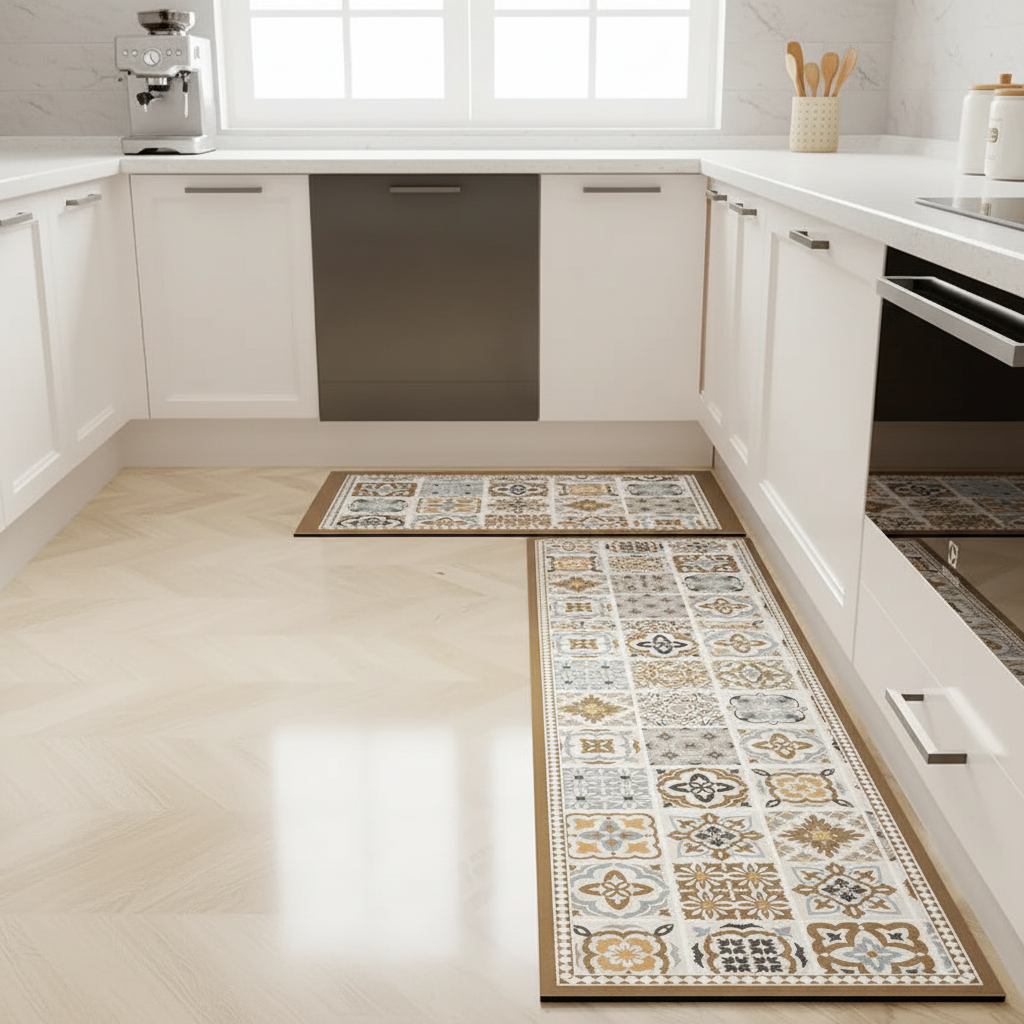 Tapis motif carreaux méditerranéen dans une cuisine épurée avec meubles blancs et comptoir simple