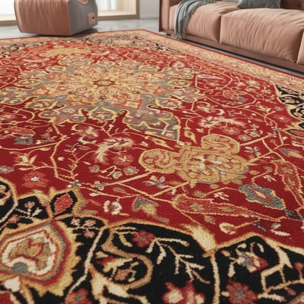 Tapis Berbère Floral Rouge Vif Doré - survol
