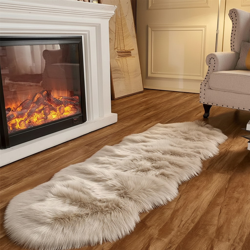 Tapis fausse fourrure beige crème devant une cheminée allumée dans un salon cosy